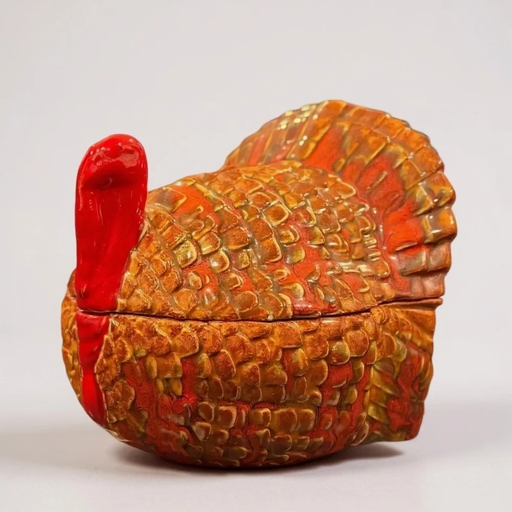 Vintage 80s Hand Painted Ceramic Turkey Covered Thanksgiving Dish